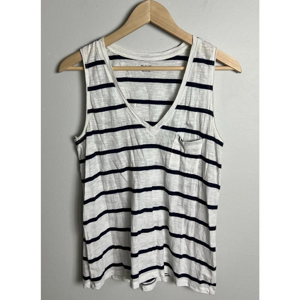 Madewell Cotton V-Neck Pocket Tank Top Creston Stripe G6508 Navy White Sze Small